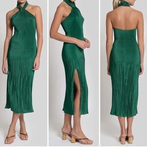 L’IDEE Soiree Pleated Halter Wedding Guest Glam Midi Dress in Emerald